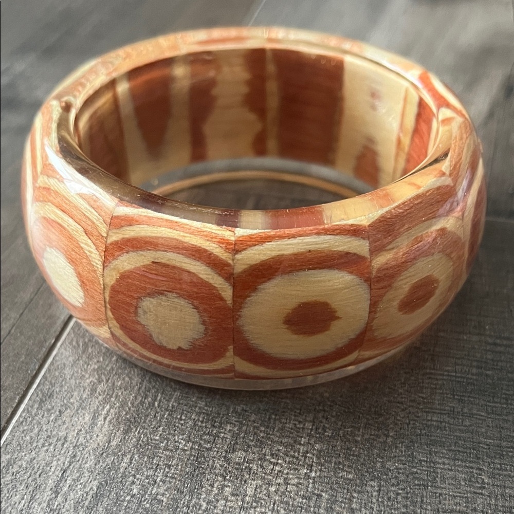 Vintage Laminated Wood Bangle Bracelet Geometric Mod Pattern Chunky Statement